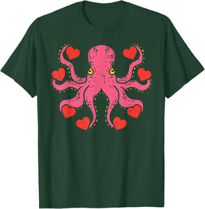 Valentines Day Octopus Hearts Funny Animal Men Women Kids T-Shirt - T-Shirt | Forest