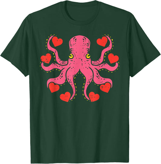 Valentines Day Octopus Hearts Funny Animal Men Women Kids T-Shirt - T-Shirt | Forest
