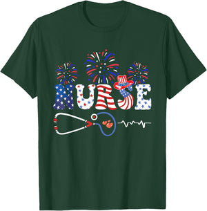 USA American Flag Patriotic Nurse Stethoscope 4th of July T-Shirt - T-Shirt | Forest