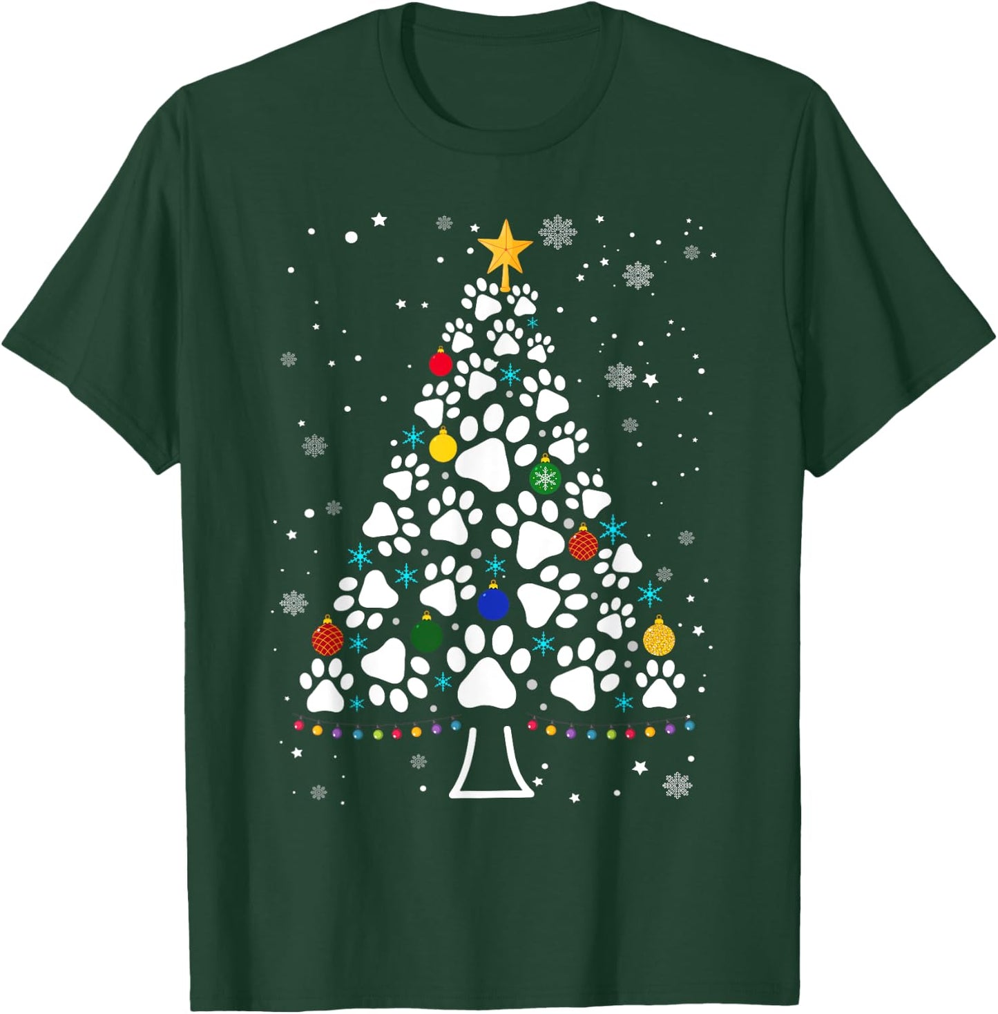 Paw Print Christmas Tree Lights Matching Family Xmas T-Shirt - T-Shirt | Forest