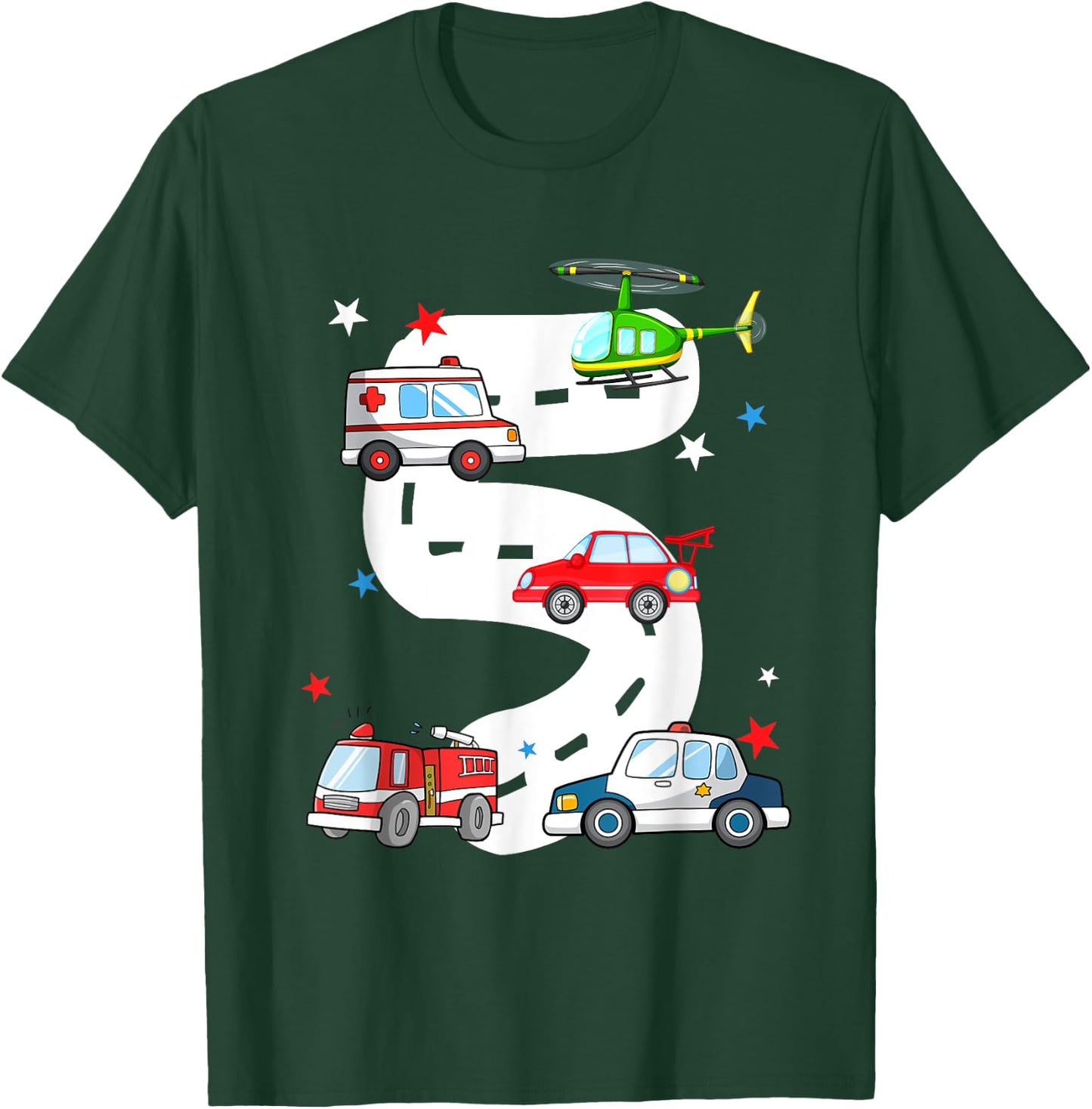 5th Birthday Emergency Vehicles 5 Year Old Birthday Kids T-Shirt - T-Shirt | Forest