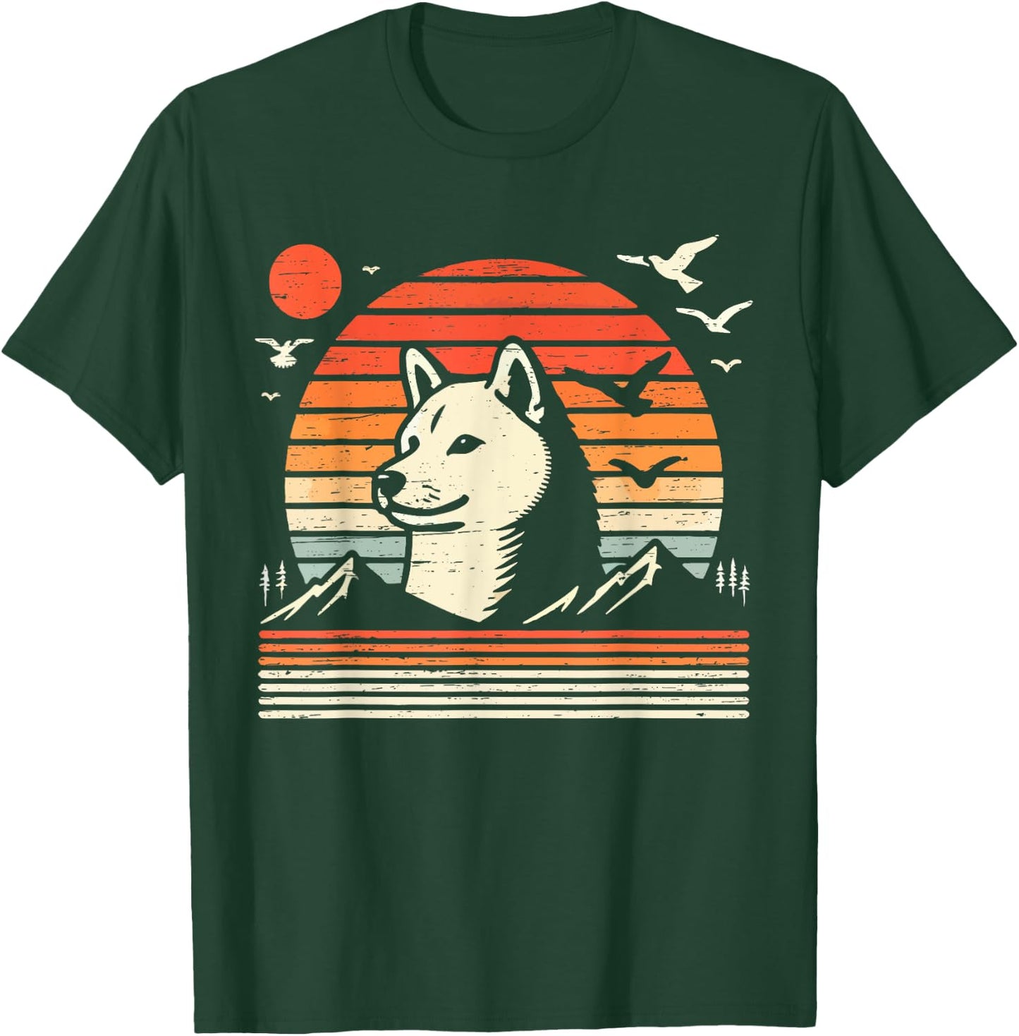 Vintage Shiba Inu Sunset Mountains Birds T-Shirt - T-Shirt | Forest