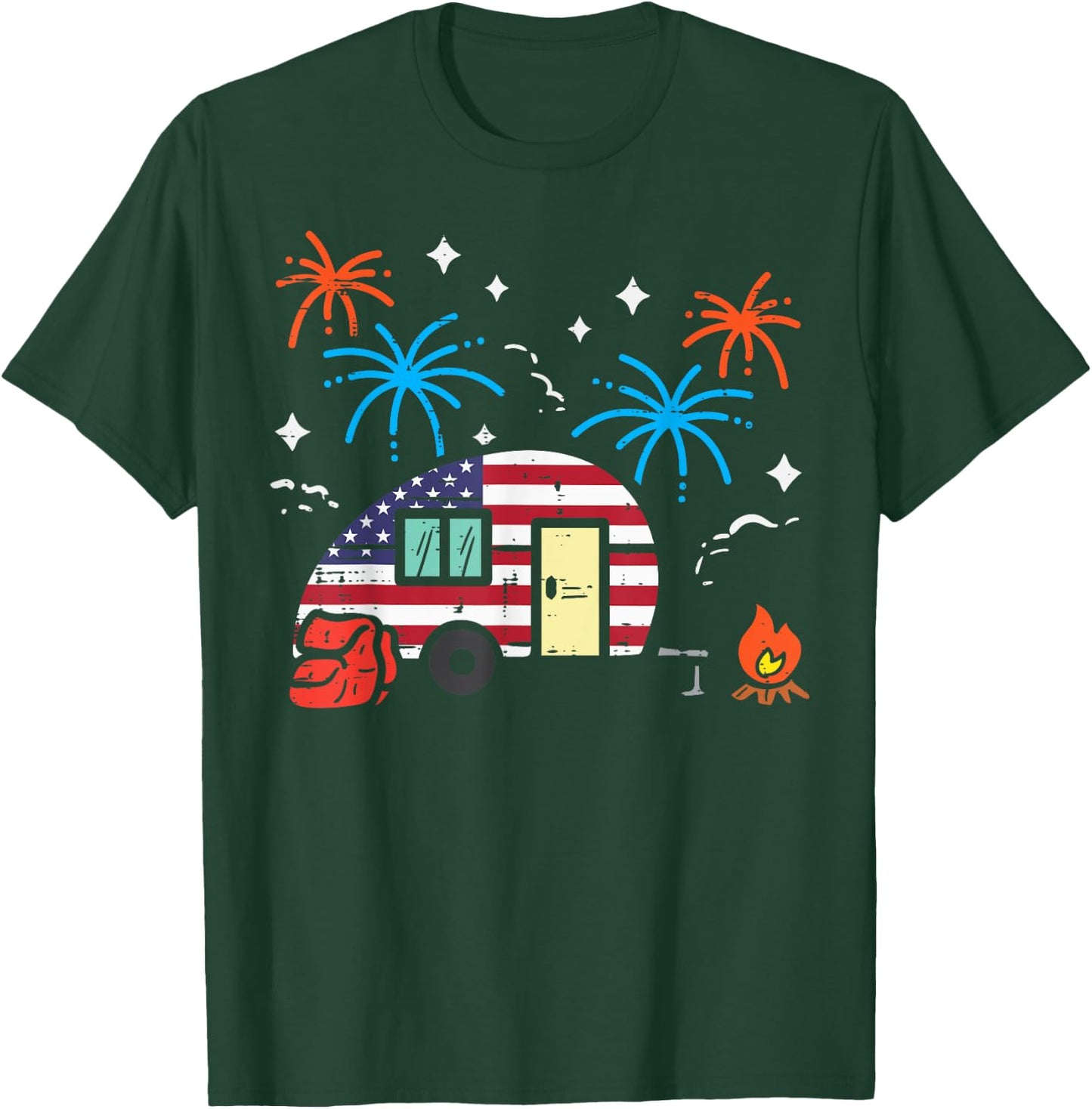 Camping Trailer US Flag Patriotic RV Camper Men Women Kids T-Shirt - T-Shirt | Forest