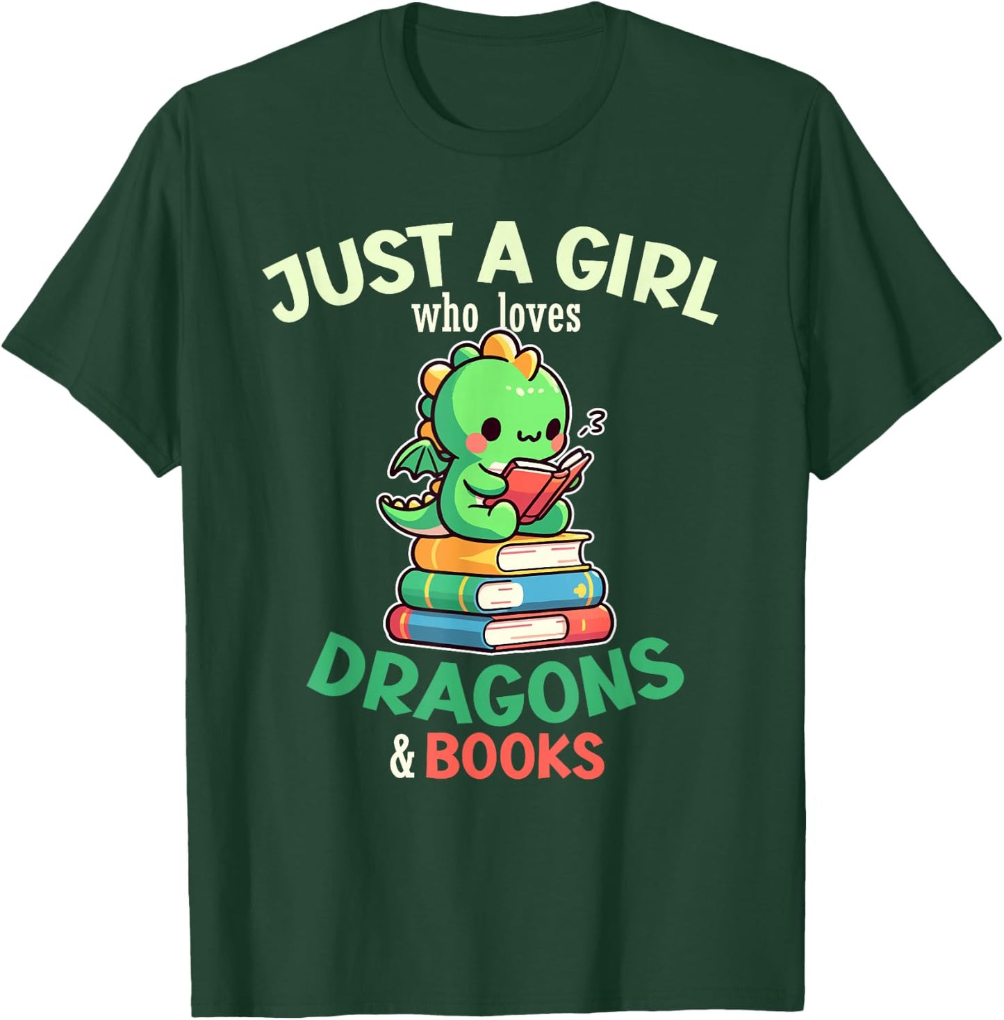 Just a Girl Who Loves Dragons & Books Book Lover Kids Nerd T-Shirt - T-Shirt | Forest