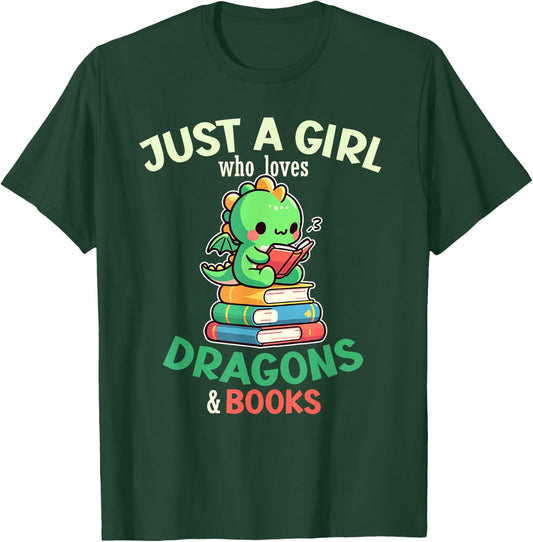 Just a Girl Who Loves Dragons & Books Book Lover Kids Nerd T-Shirt - T-Shirt | Forest