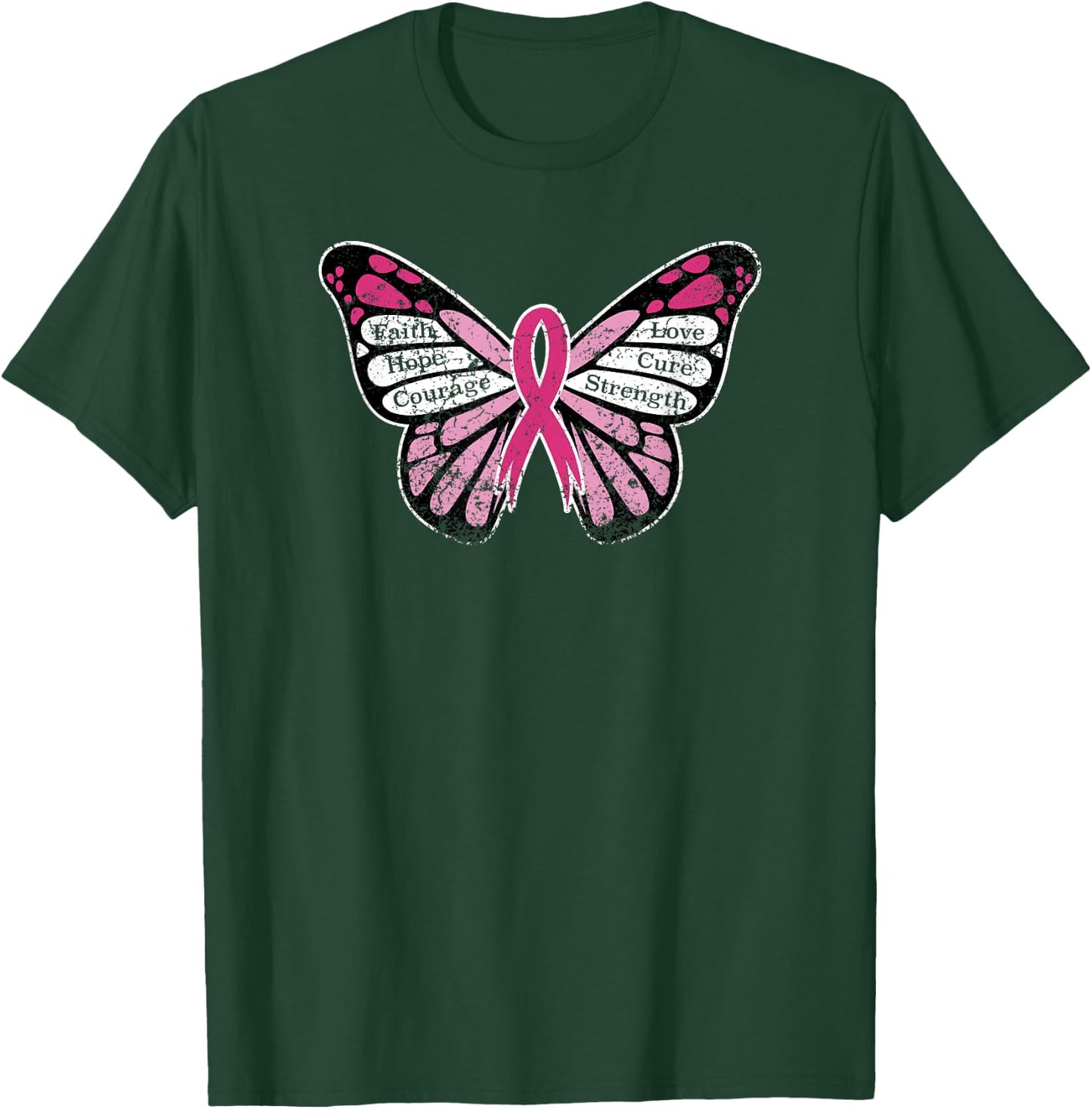 Vintage Breast Cancer Awareness Pink Ribbon Butterfly T-Shirt - T-Shirt | Forest