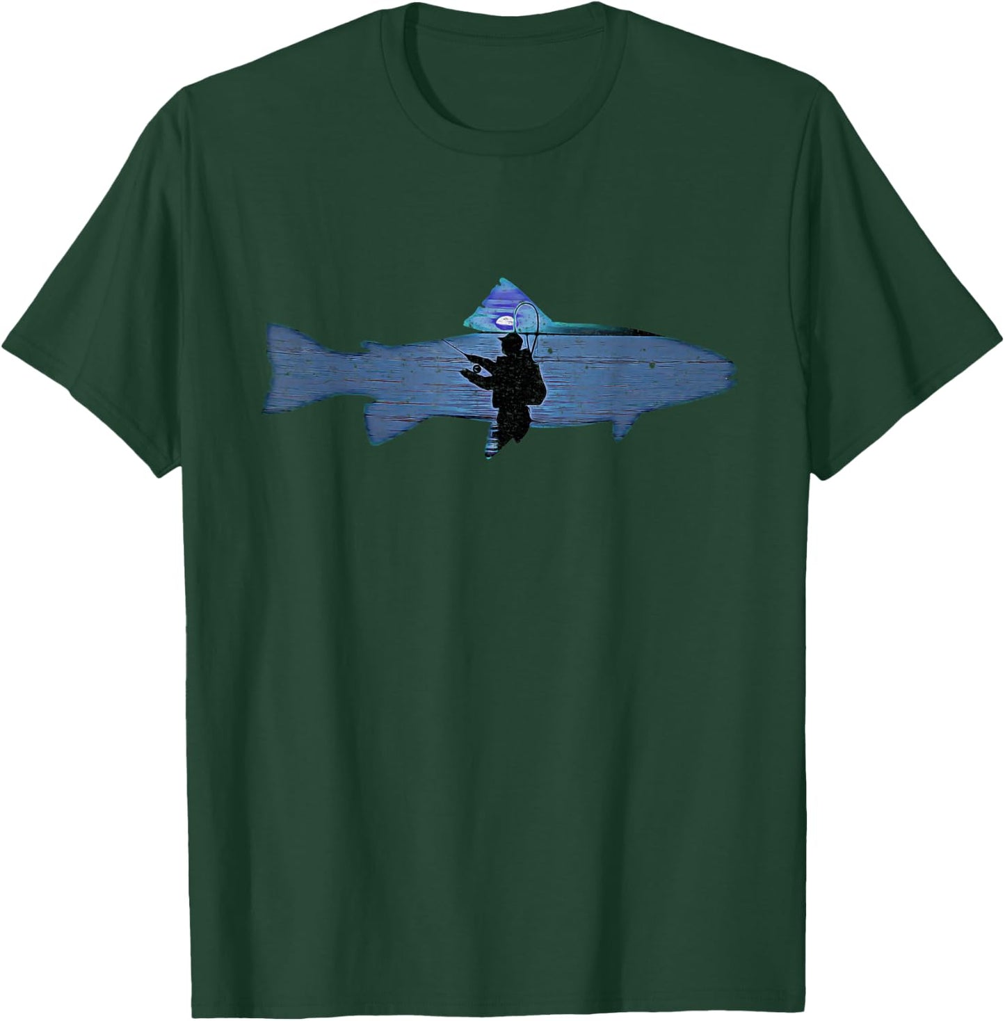 Trout Fly Fishing Nature Outdoor Fisherman In Blue Sunset T-Shirt - T-Shirt | Forest