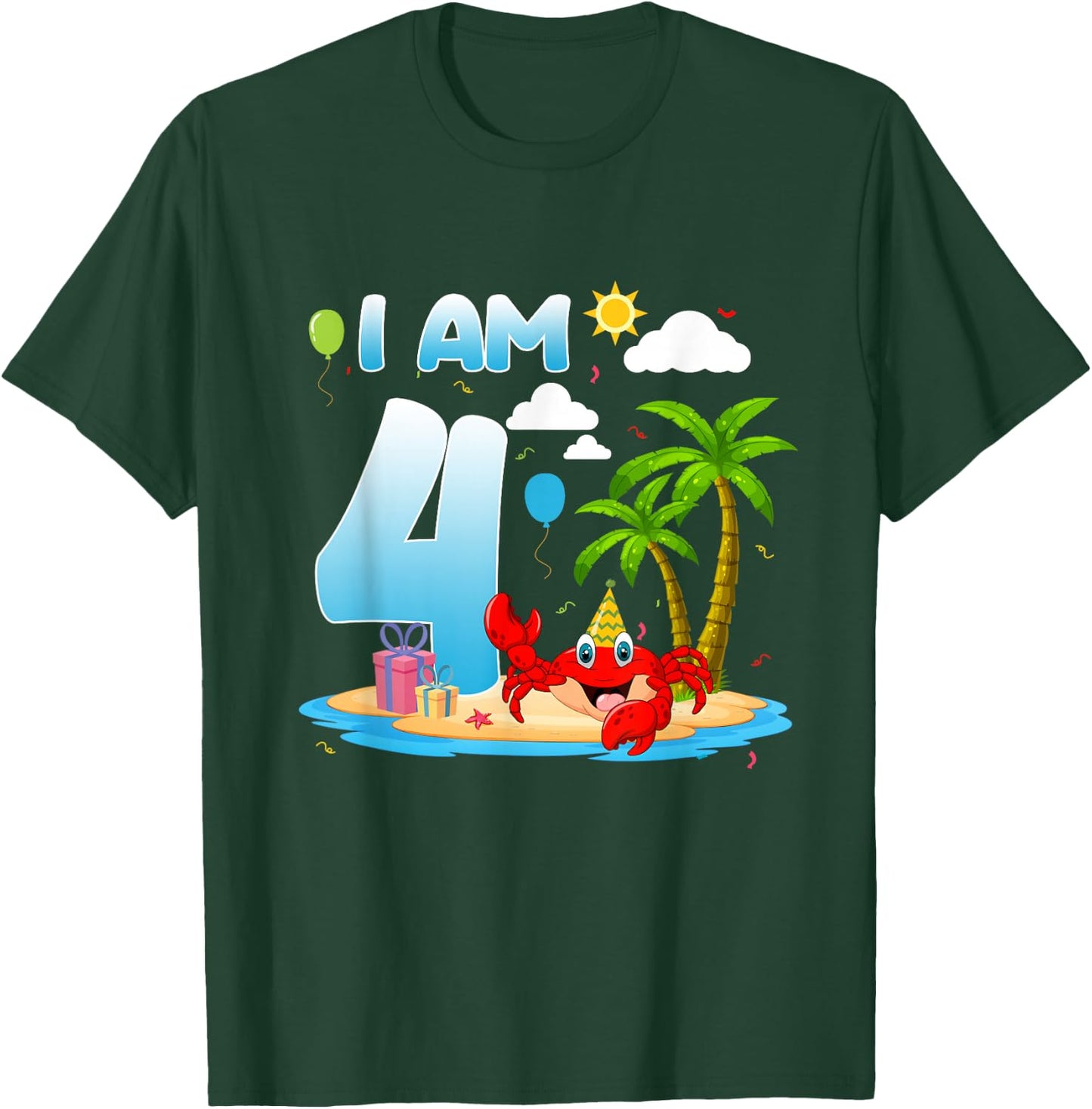 4th Birthday Crab Summer Beach 4 Year Old Bday Party Kids T-Shirt - T-Shirt | Forest