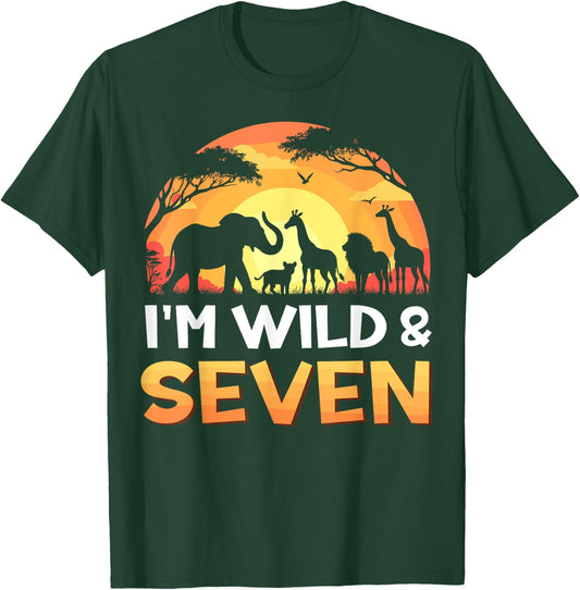 I'm Wild and Seven 7th Birthday Safari Wildlife Zoo Animals T-Shirt - T-Shirt | Forest