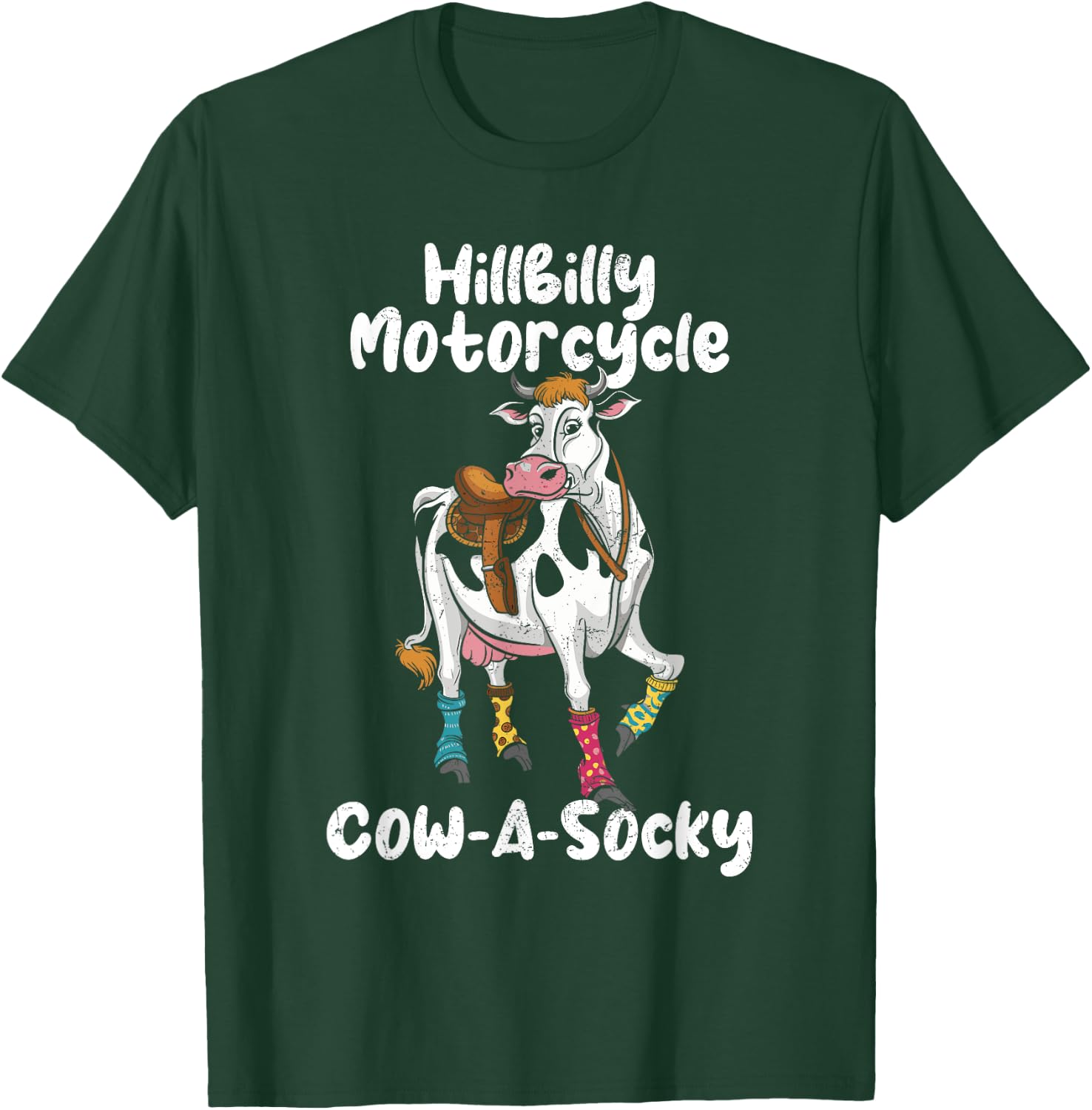 Funny Cow Hillbilly Motorcycle Cow-A-Socky Grunge T-Shirt - T-Shirt | Forest