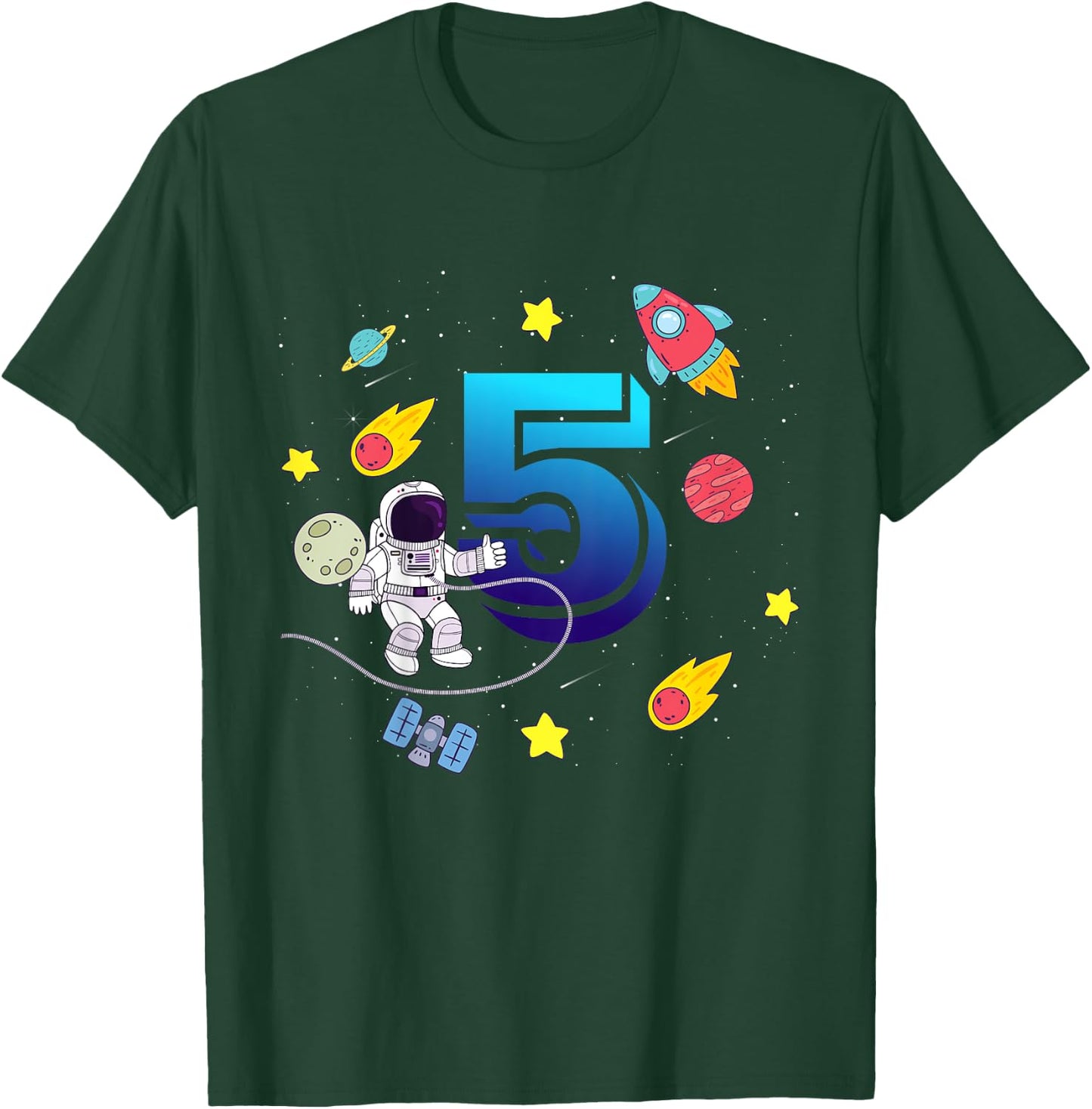 Kids 5 Years Old Birthday Boy Astronaut Outer Space Galaxy T-Shirt - T-Shirt | Forest