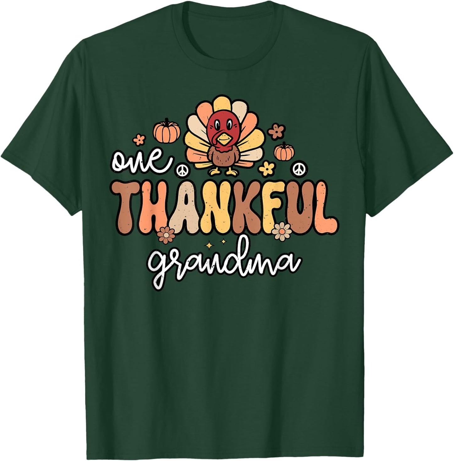 One Thankful Grandma Women Groovy Retro Thanksgiving Grandma T-Shirt - T-Shirt | Forest