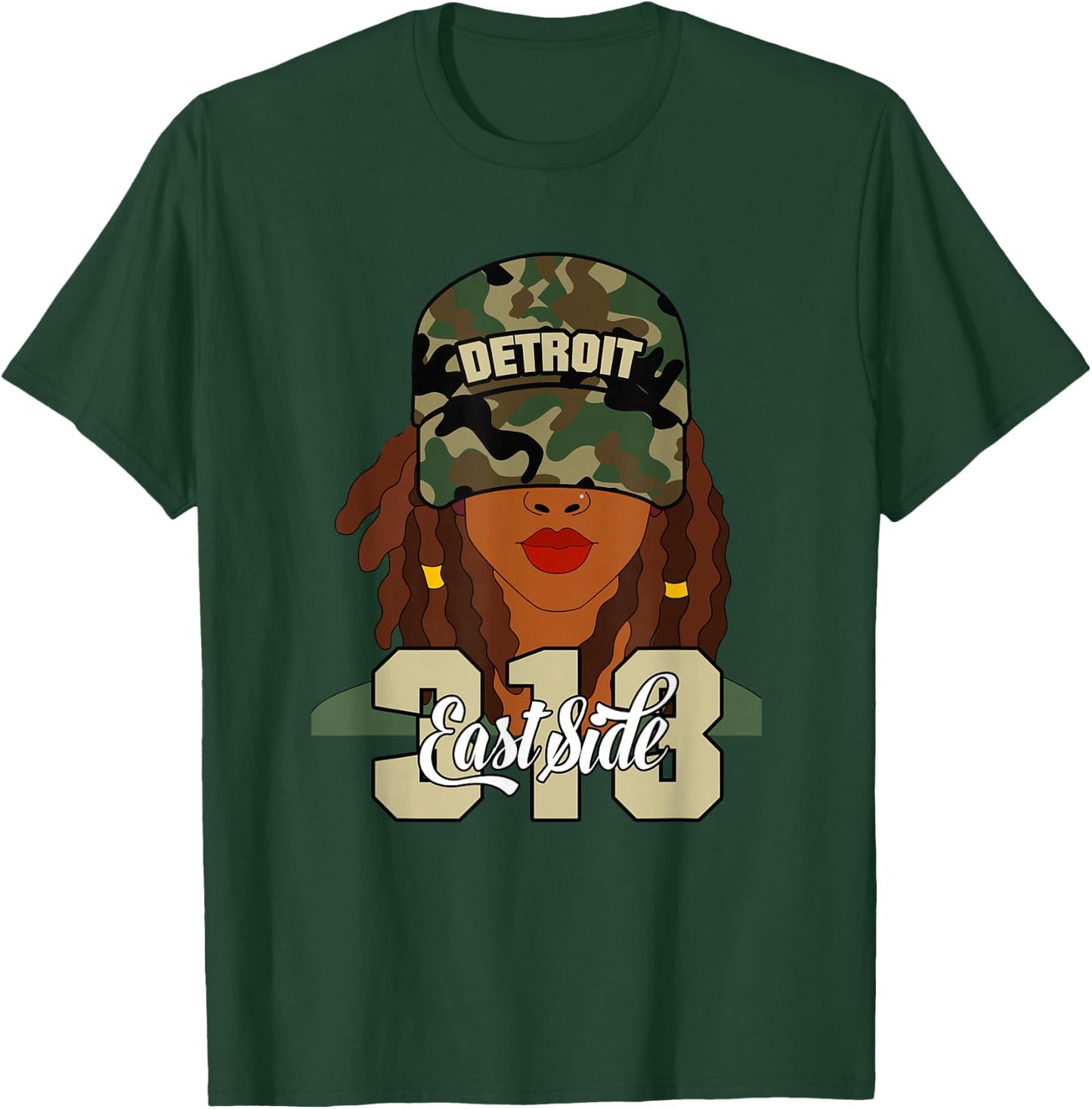 Detroit 313 East Side Hood Black Woman Camo Locs T-Shirt - T-Shirt | Forest