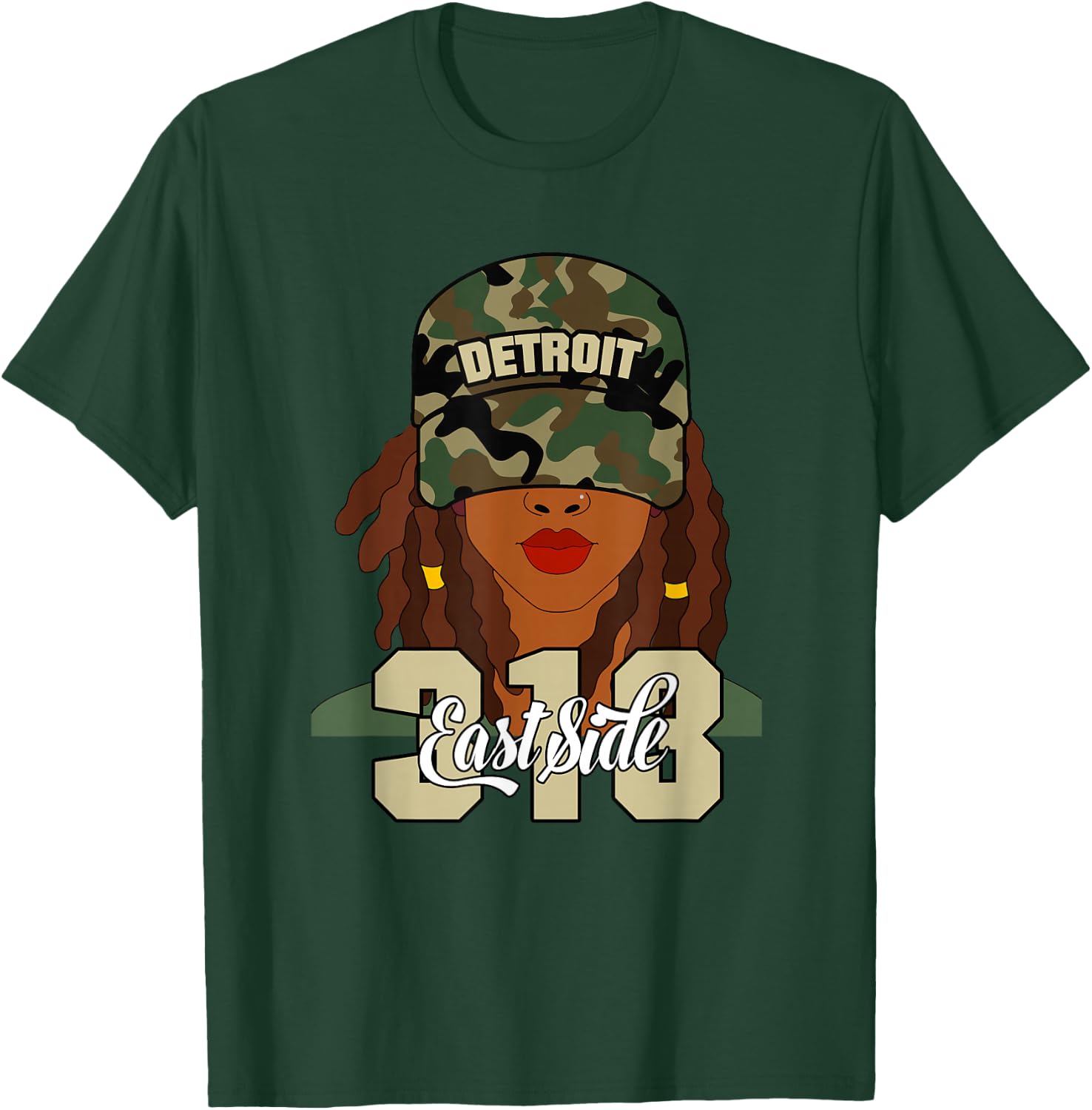 Detroit 313 East Side Hood Black Woman Camo Locs T-Shirt - T-Shirt | Forest