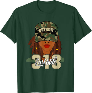 Detroit 313 East Side Hood Black Woman Camo Locs T-Shirt - T-Shirt | Forest