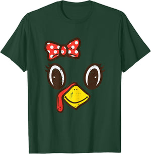 Cute Turkey Face Ribbon Thanksgiving Kid Toddler Girls Women T-Shirt - T-Shirt | Forest