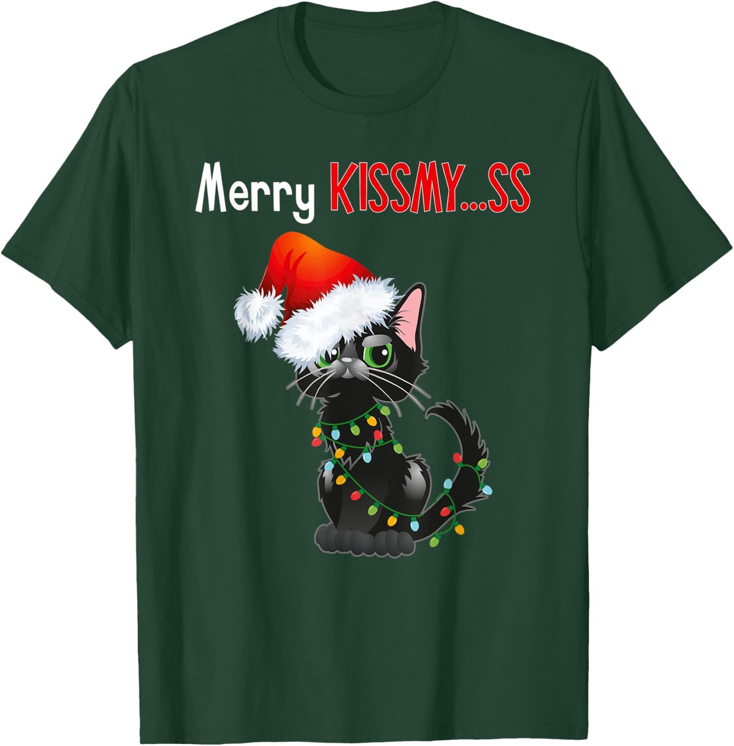 Merry Kissmy..ss Black Cat Christmas Lights Cat In Santa Hat T-Shirt - T-Shirt | Forest