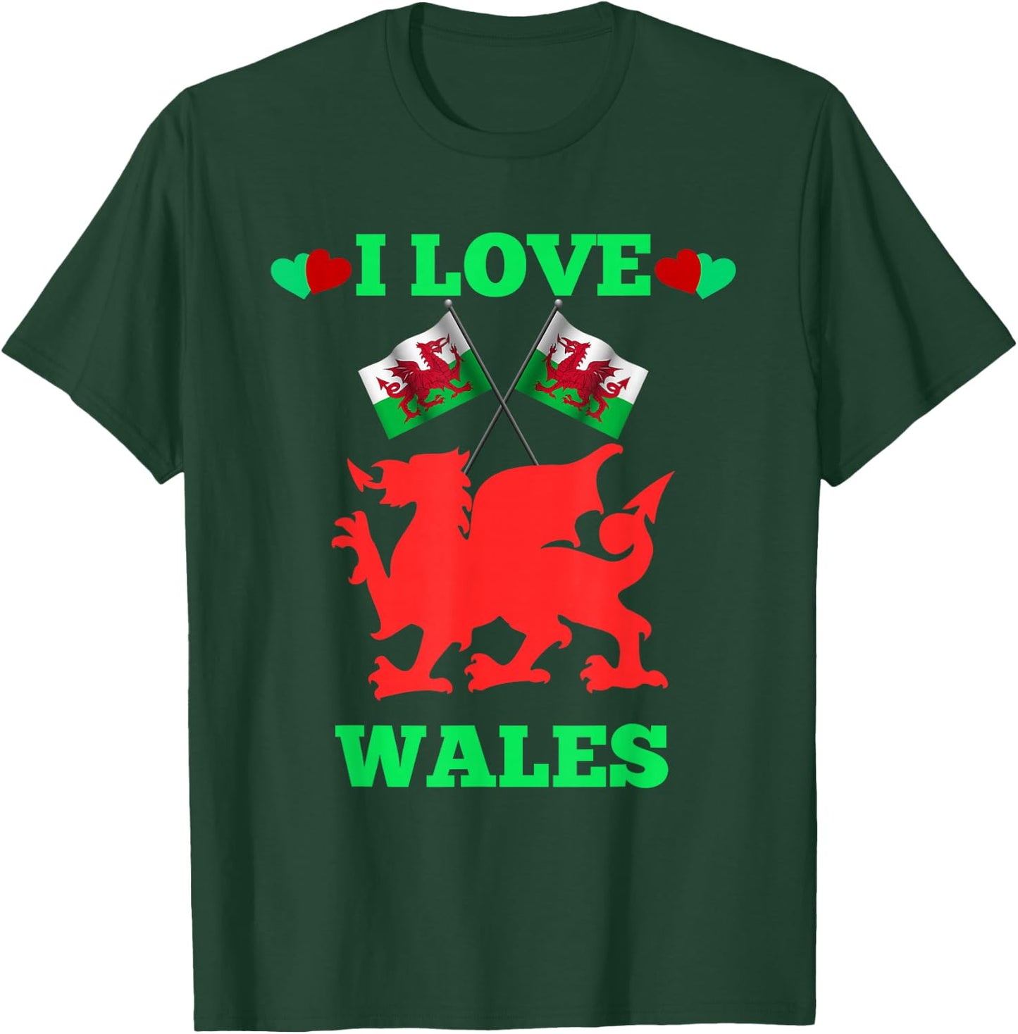 I Love Wales Flags Dragon Hearts T-Shirt - T-Shirt | Forest