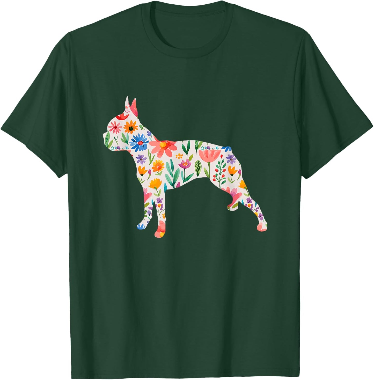 Boston Terrier Watercolour Flowers Design T-Shirt - T-Shirt | Forest