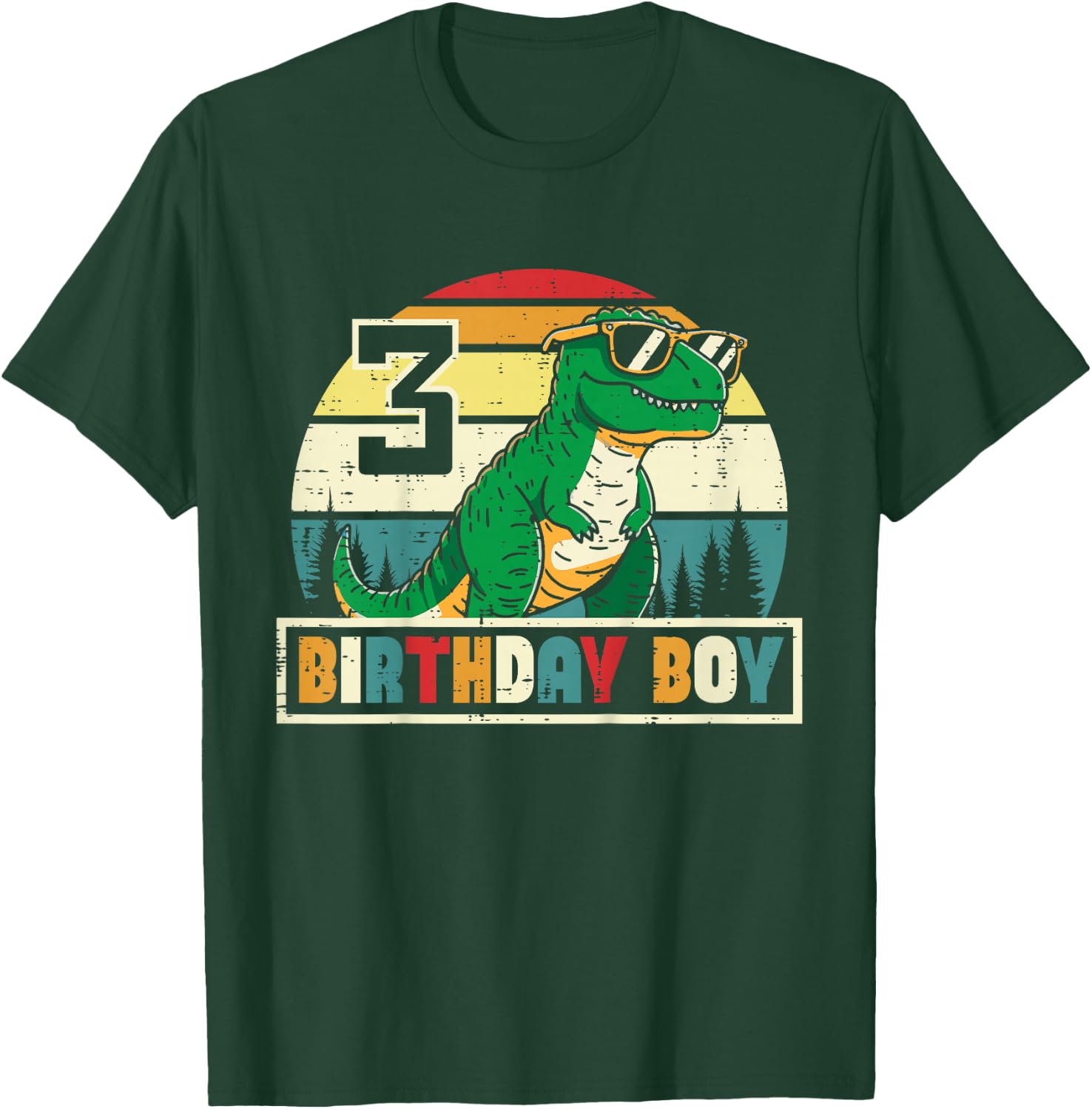 Kids 3 Birthday Boy Dino Trex Retro 3rd Bday Three Year Boys Kids T-Shirt - T-Shirt | Forest