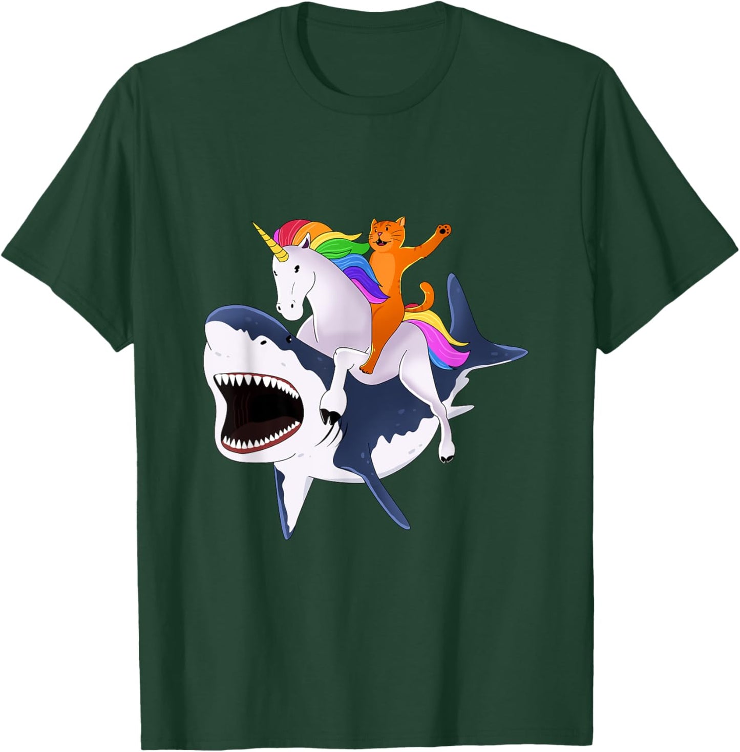 Cat Riding Unicorn Riding Shark Gift Women Girls Kids T-Shirt - T-Shirt | Forest