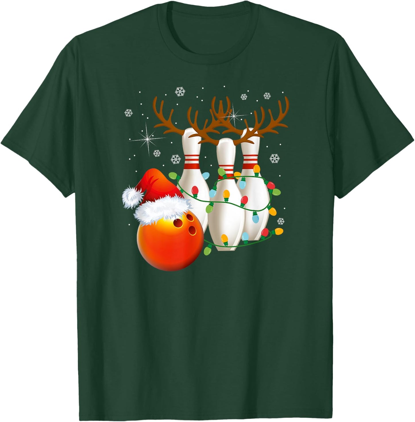 Bowling Gifts Christmas Bowling Santa Hat Christmas Lights T-Shirt - T-Shirt | Forest