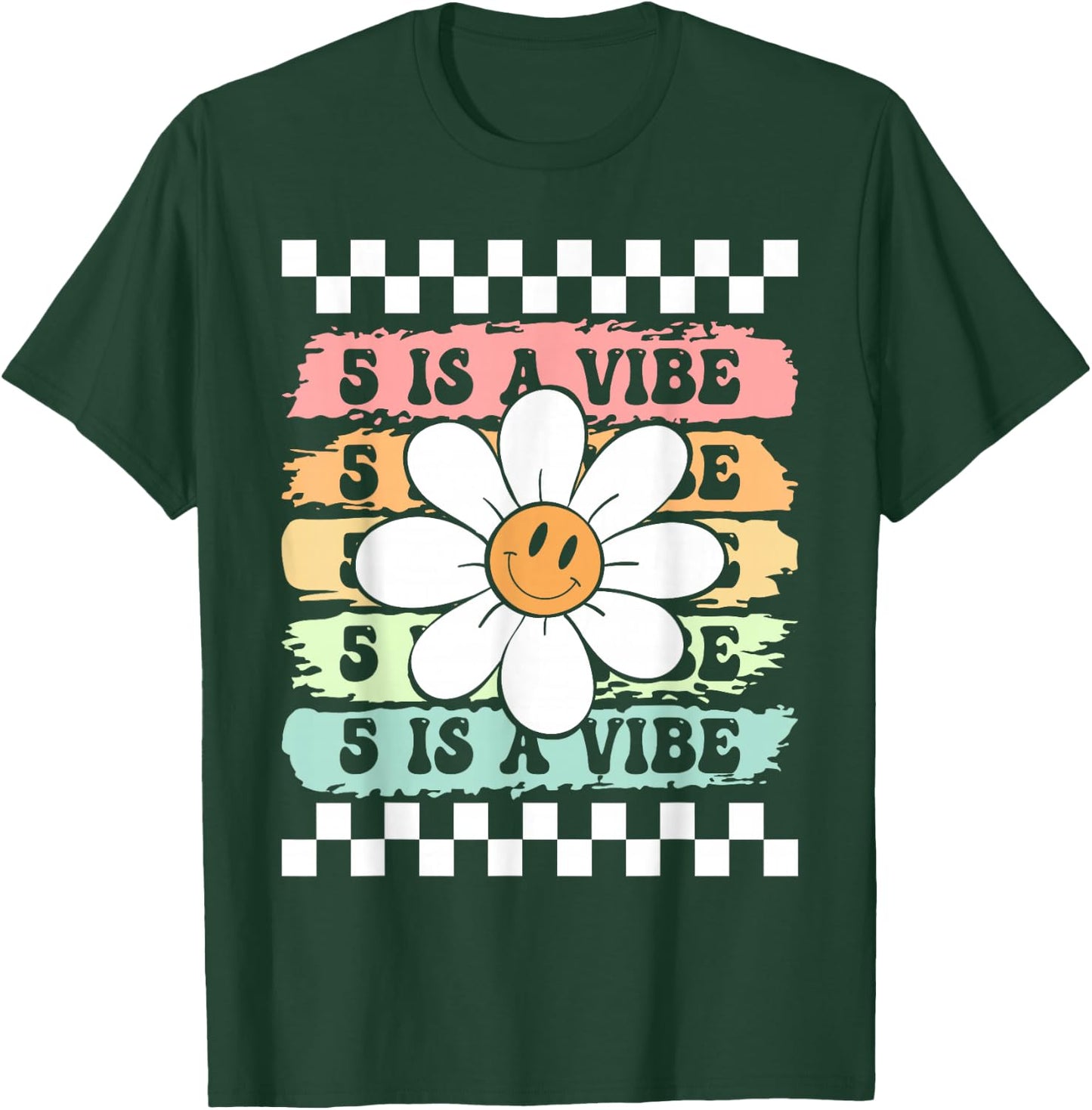Five Is A Vibe Cute Groovy 5th Birthday Party Daisy Flower T-Shirt - T-Shirt | Forest