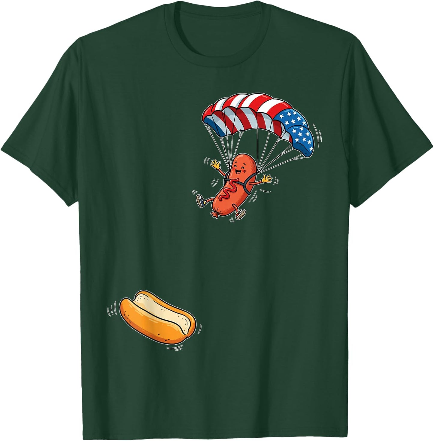 Funny Hot Dog Jumping Into Bun Sausage BBQ Skydiving USA T-Shirt - T-Shirt | Forest
