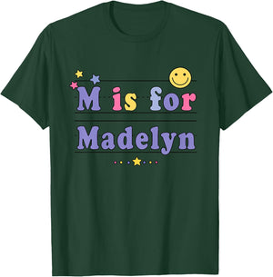Kids Madelyn Name Shirt Alphabet M is for Madelyn T-Shirt - T-Shirt | Forest