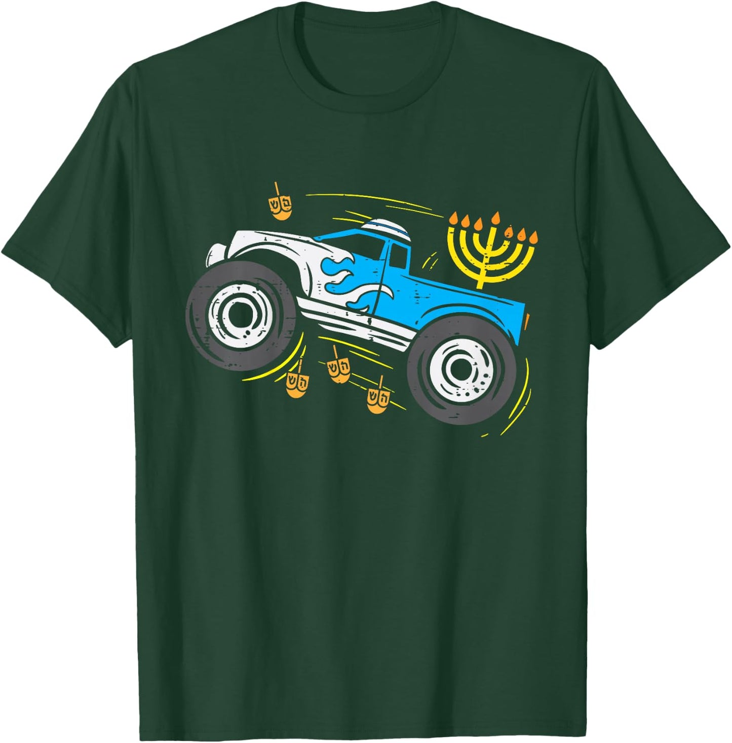 Kids Monster Truck Menorah Dreidel Toddler Boys Hanukkah Kids T-Shirt - T-Shirt | Forest