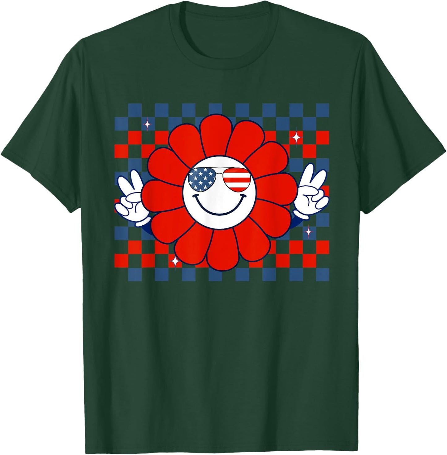 Retro Groovy Fourth 4th of July Smile Checkered Sunglasses T-Shirt - T-Shirt | Forest