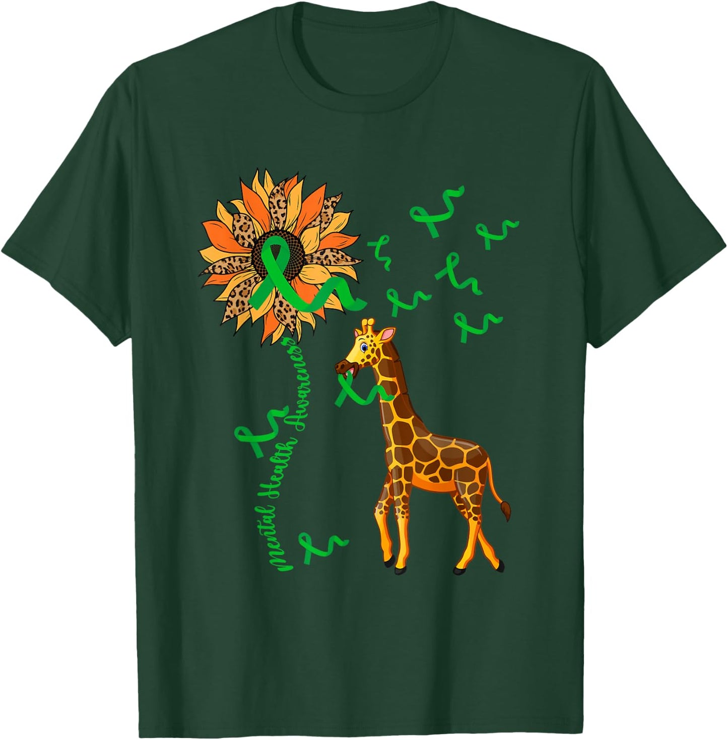 Mental Health Awareness Giraffe Holding Green Ribbons Lover T-Shirt - T-Shirt | Forest