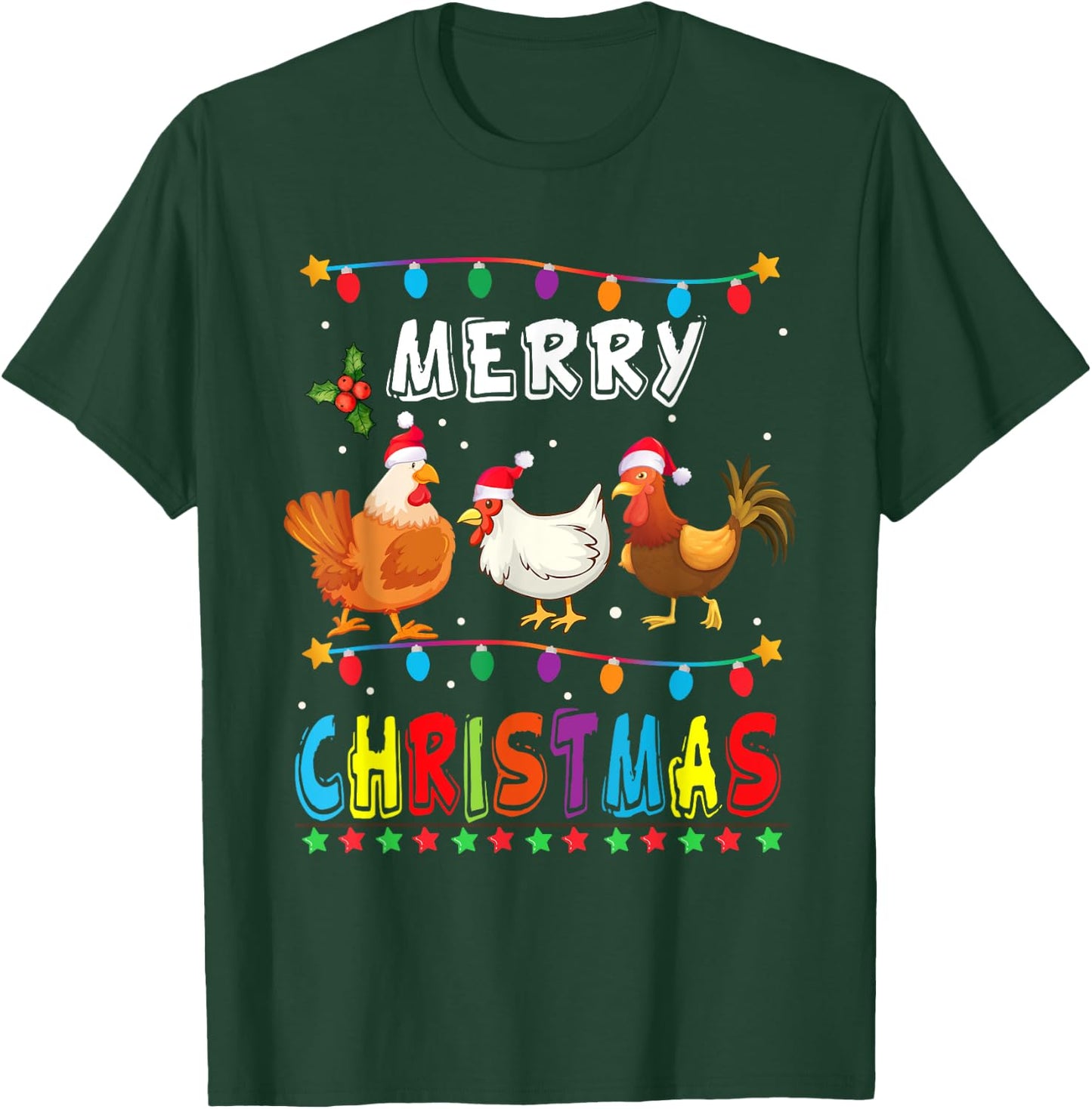 Merry Christmas Chicken Shirt Santa Hat Lights Xmas Funny T-Shirt - T-Shirt | Forest