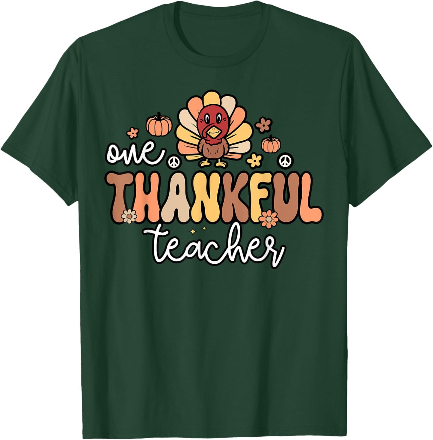 One Thankful Teacher Retro Groovy Turkey Thanksgiving School Women T-Shirt - T-Shirt | Forest