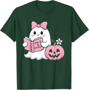 Cute Halloween Ghost Pink Pumpkin Reading How to Be Spooky T-Shirt - T-Shirt | Forest