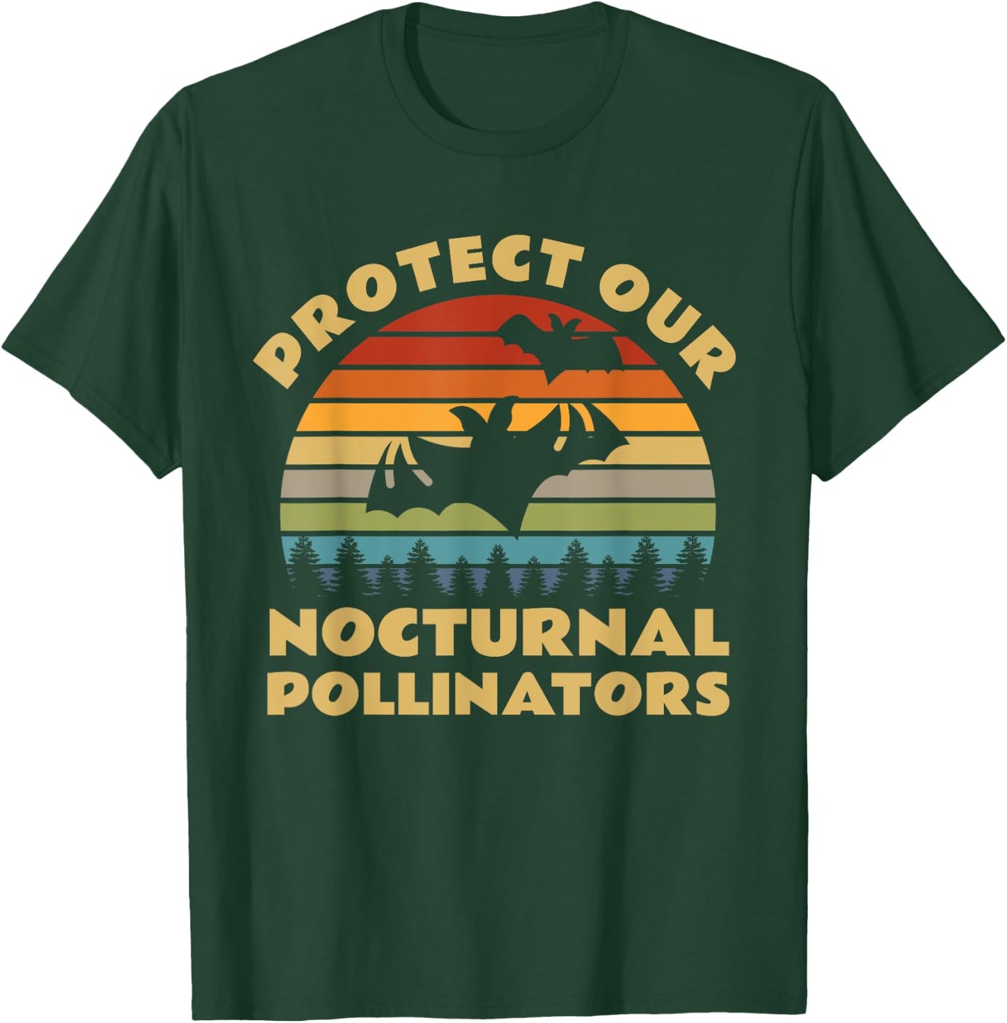 Protect Our Nocturnal Pollinators Retro Bat Sunset T-Shirt - T-Shirt | Forest