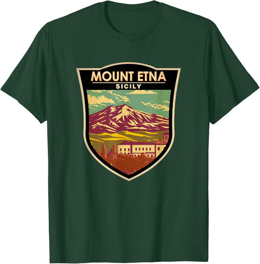 Mount Etna Sicily Landmark Badge Vintage T-Shirt - T-Shirt | Forest