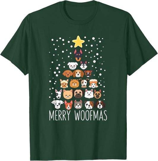 Woof Christmas Tree Dog Lovers Puppies Dogs Merry Woofmas Women Kids T-Shirt - T-Shirt | Forest
