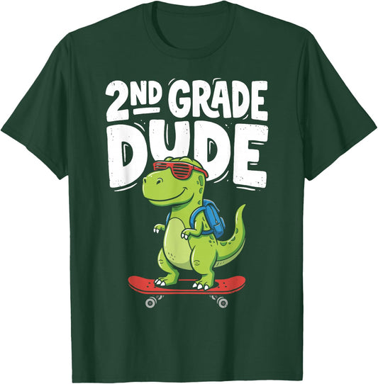 2nd Grade Dude Back to School Dinosaur T-Rex Skateboard T-Shirt - T-Shirt | Forest