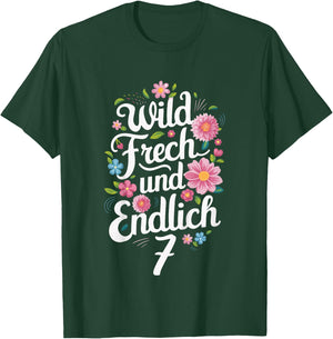 Children's 7th Birthday Wild Cheeky and Finally 7 Years Flowers , black T-Shirt - T-Shirt | Forest