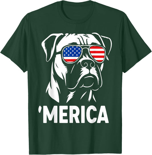 Merica Boxer Dog American Flag Sunglasses Patriotic T-Shirt - T-Shirt | Forest