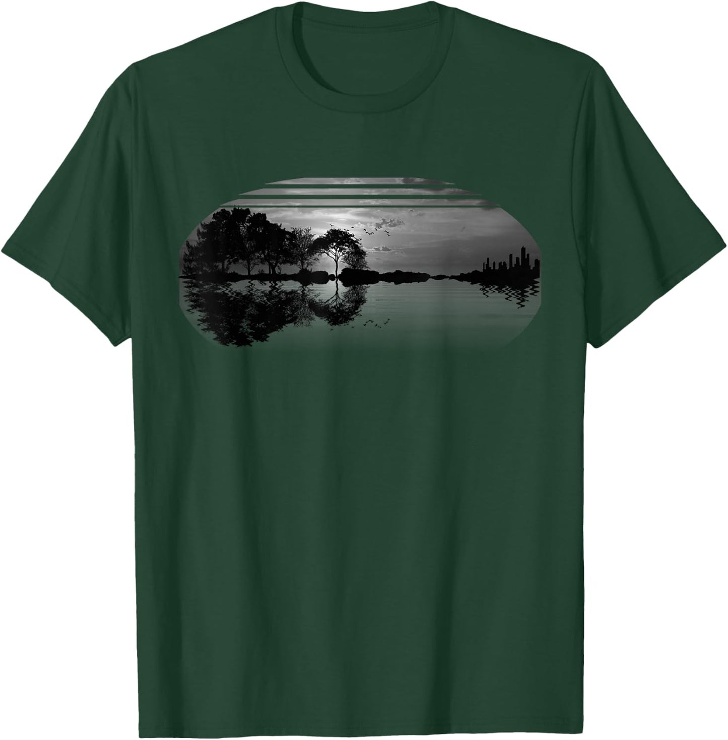 Guitar Gray Sky Trees City Lake Reflection Special Design T-Shirt - T-Shirt | Forest