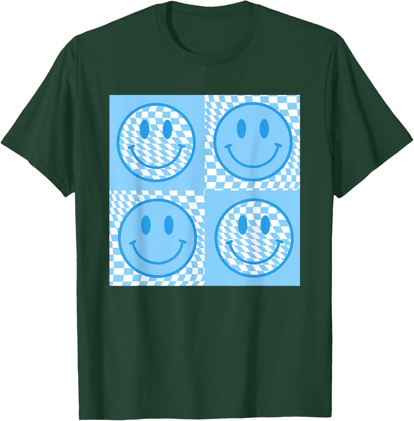 Checkered Pattern Smile Face Meme Blue Happy Face Colorful T-Shirt - T-Shirt | Forest