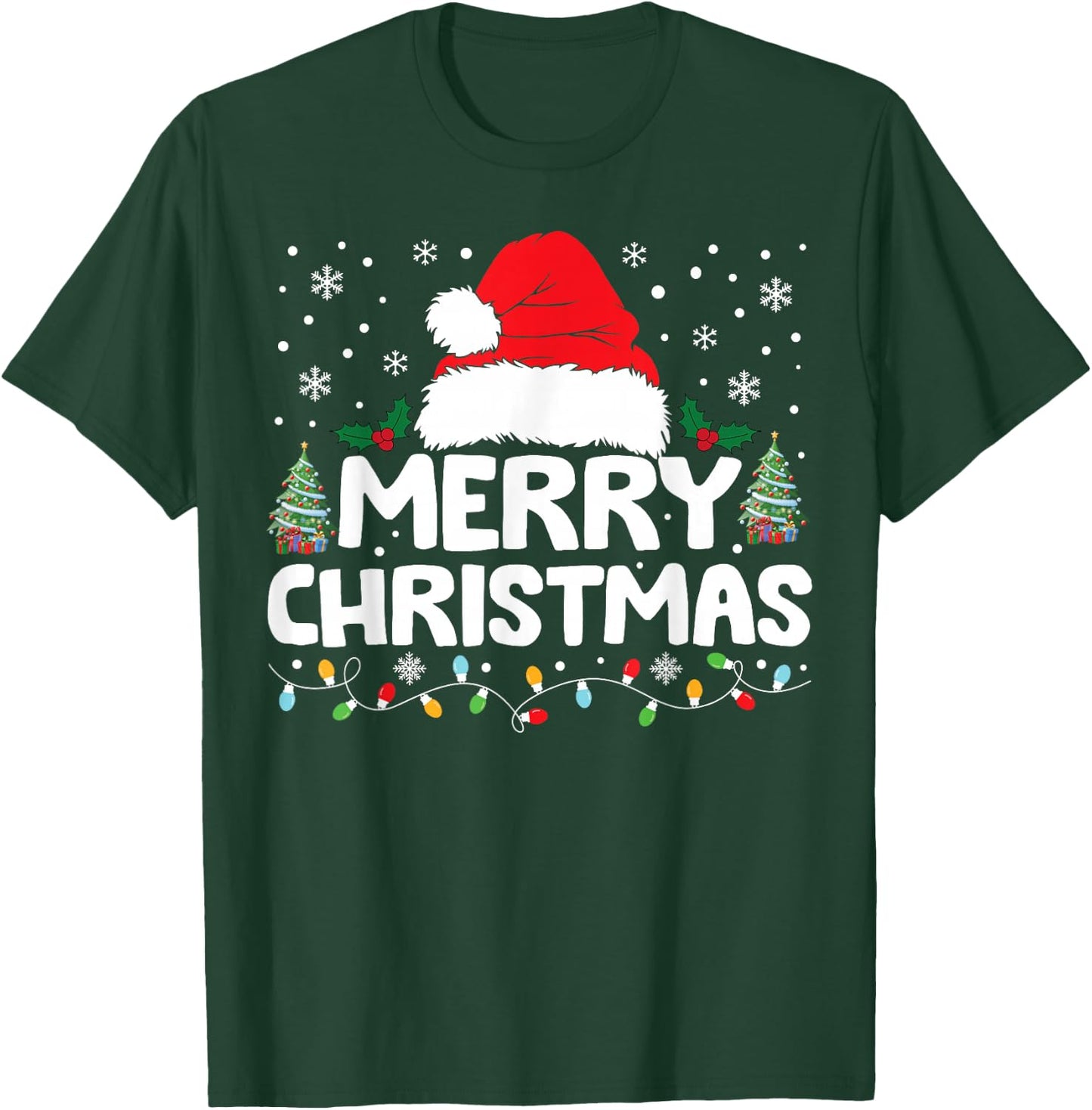 Merry Christmas Lights Red Santa Hat Xmas Family Men Women T-Shirt - T-Shirt | Forest