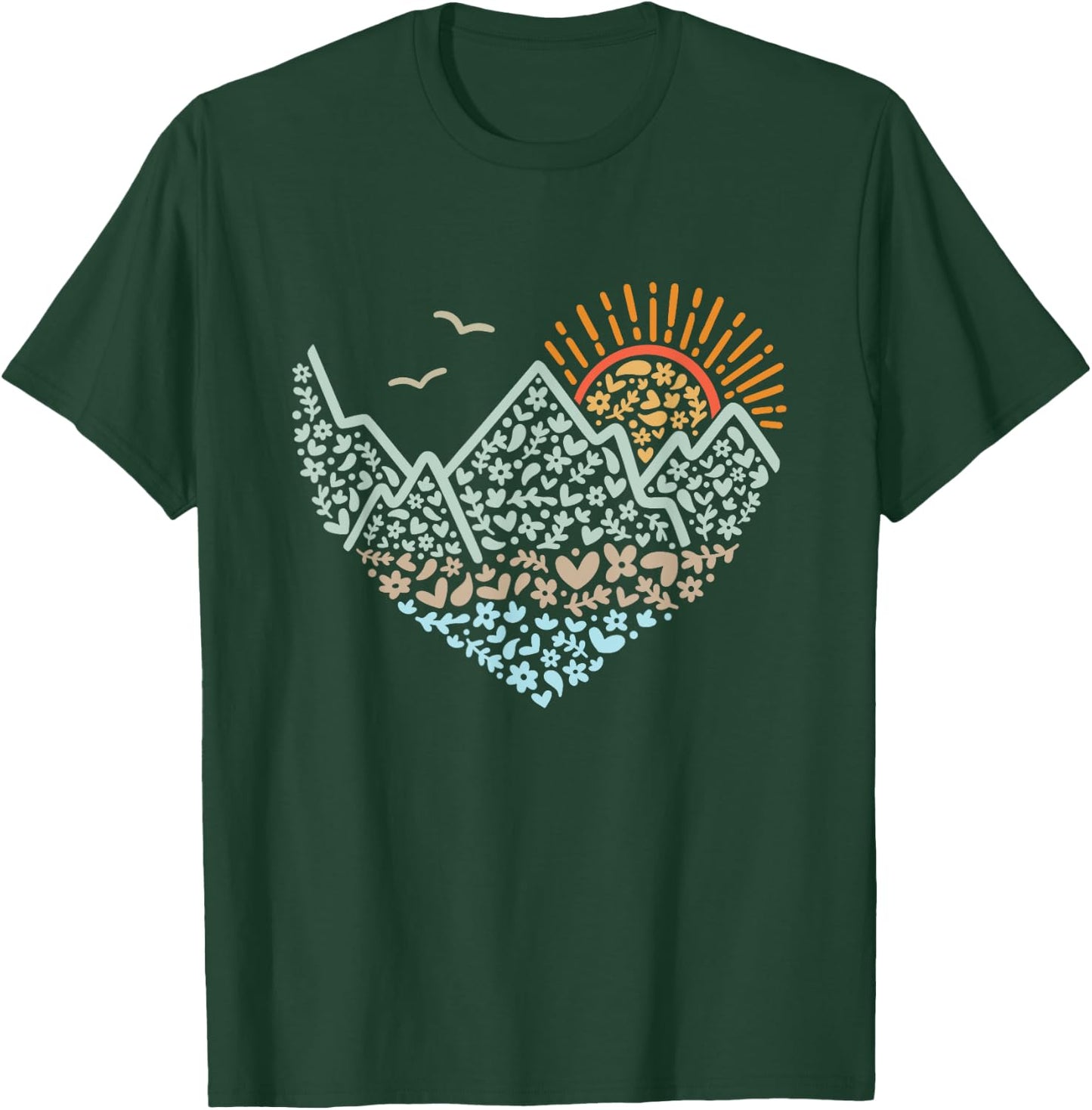Mountain Heart Floral Sunshine hiking scene design T-Shirt - T-Shirt | Forest