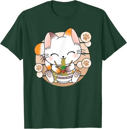 Funny Japanese Anime Cat Ramen Noodles Kawaii Manga , black T-Shirt - T-Shirt | Forest