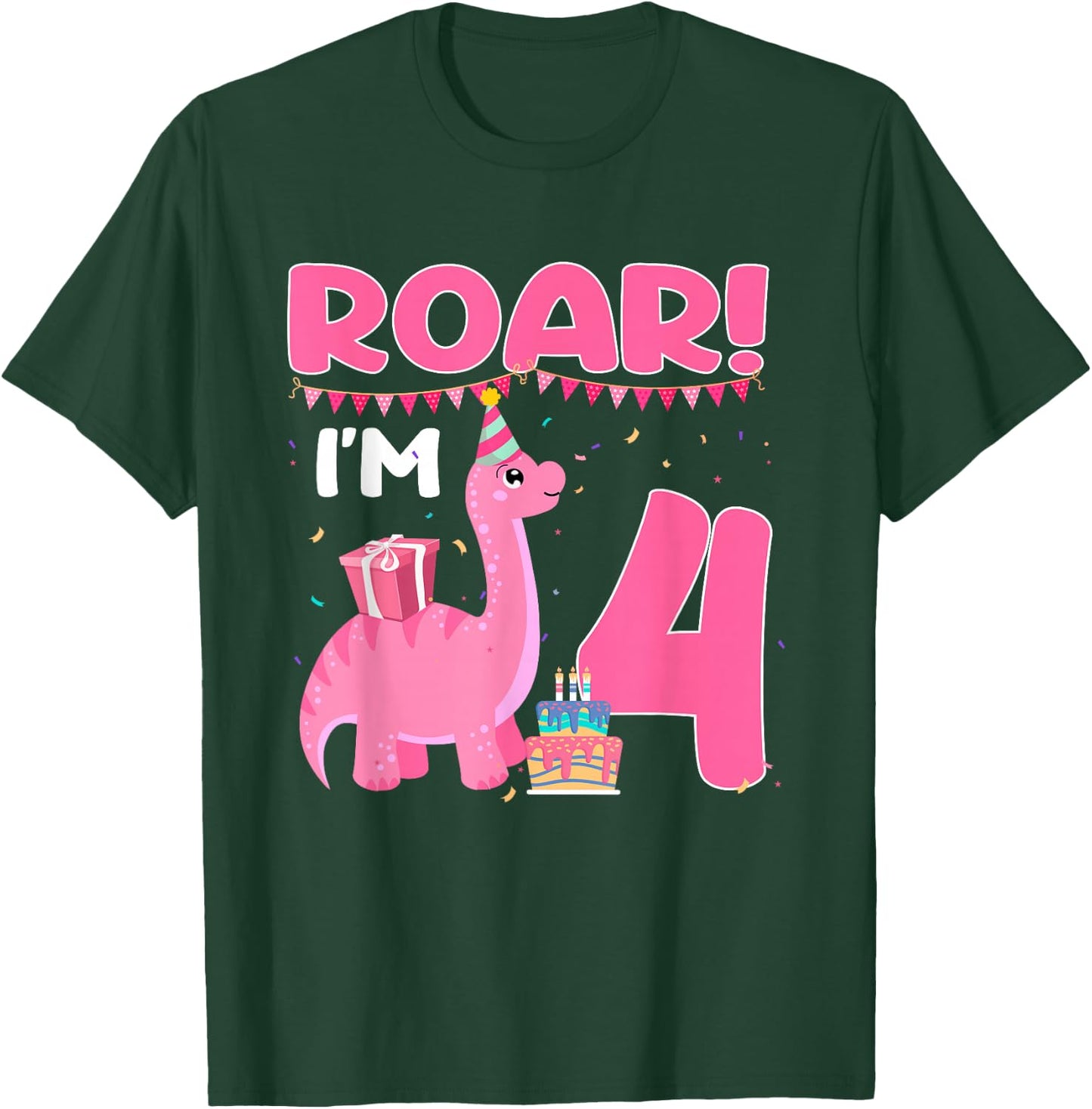 Roar I'm 4 Year Old Dinosaur Girl 4th Birthday Party T-Shirt - T-Shirt | Forest