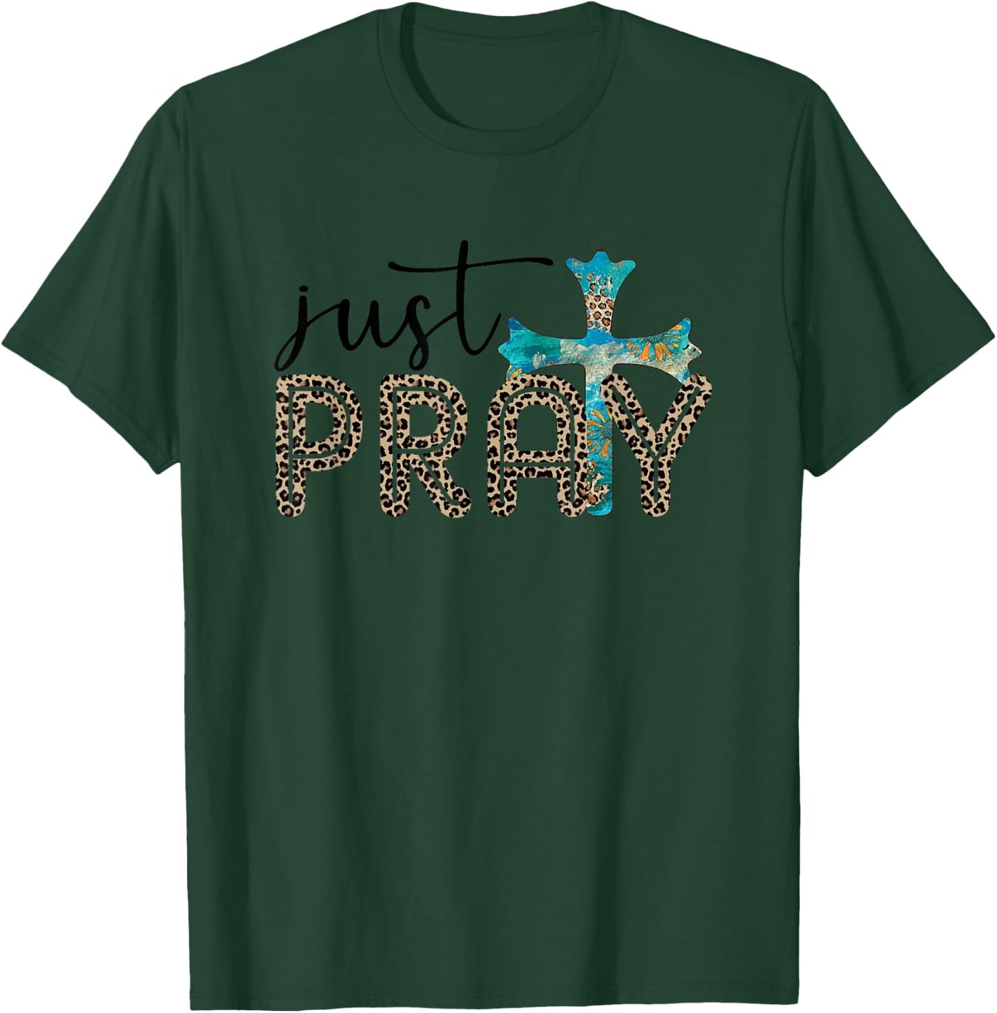 Just Pray Leopard Print Spiritual Faith Cross T-Shirt - T-Shirt | Forest
