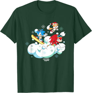 Sonic The Hedgehog Christmas Main Trio Fun In The Snow T-Shirt - T-Shirt | Forest