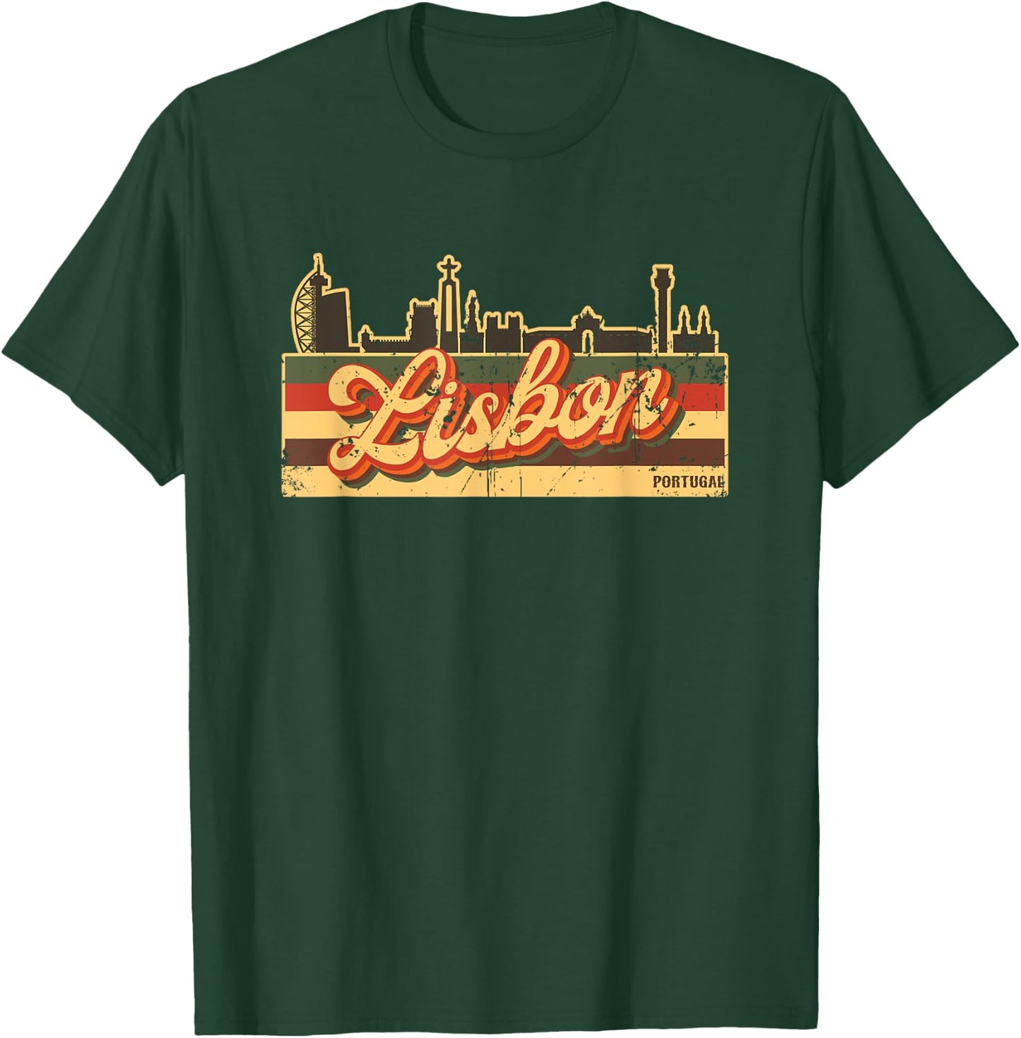 Lisbon Skyline & Portugal Retro Stripes - Portuguese Pride T-Shirt - T-Shirt | Forest